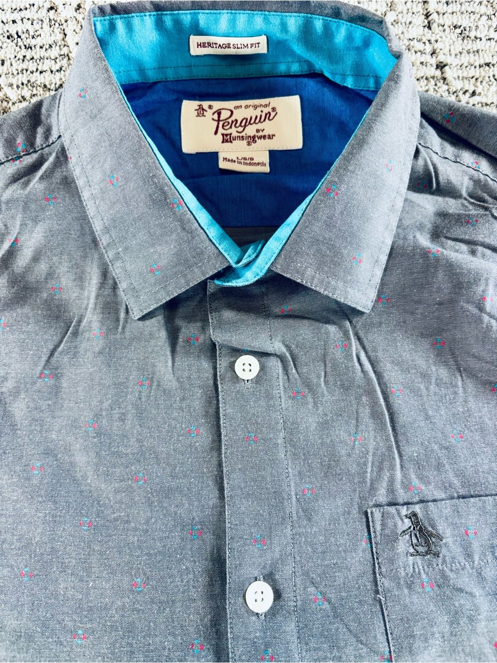 Original Penguin Men’s Large Grey Heritage Slim Fit Button Down Shirt